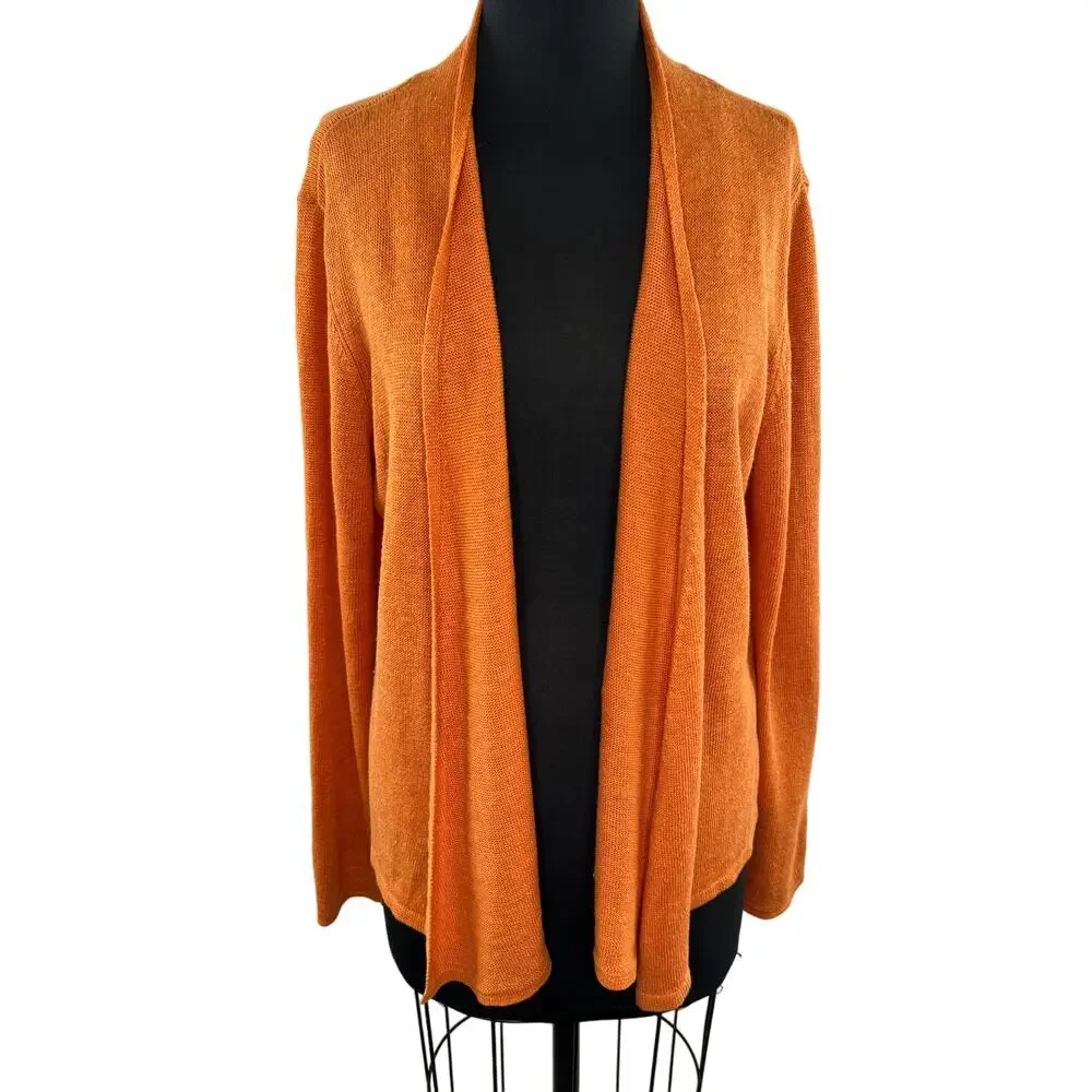 Eileen Fisher Orange Linen Knit Open Front Long Sleeve Cardigan Sweater Large L